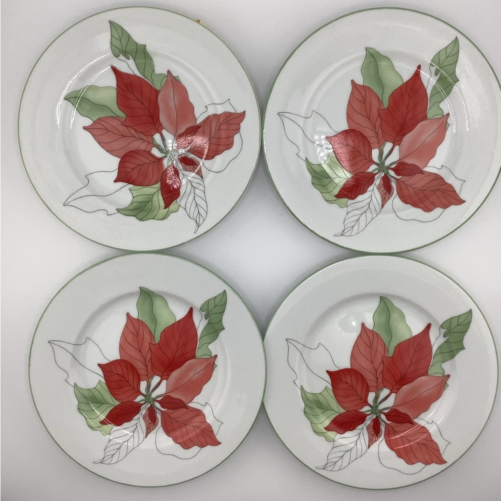 (4) Vintage Watercolor Block Spal Portugal Christmas Poinsettia Dessert Plates